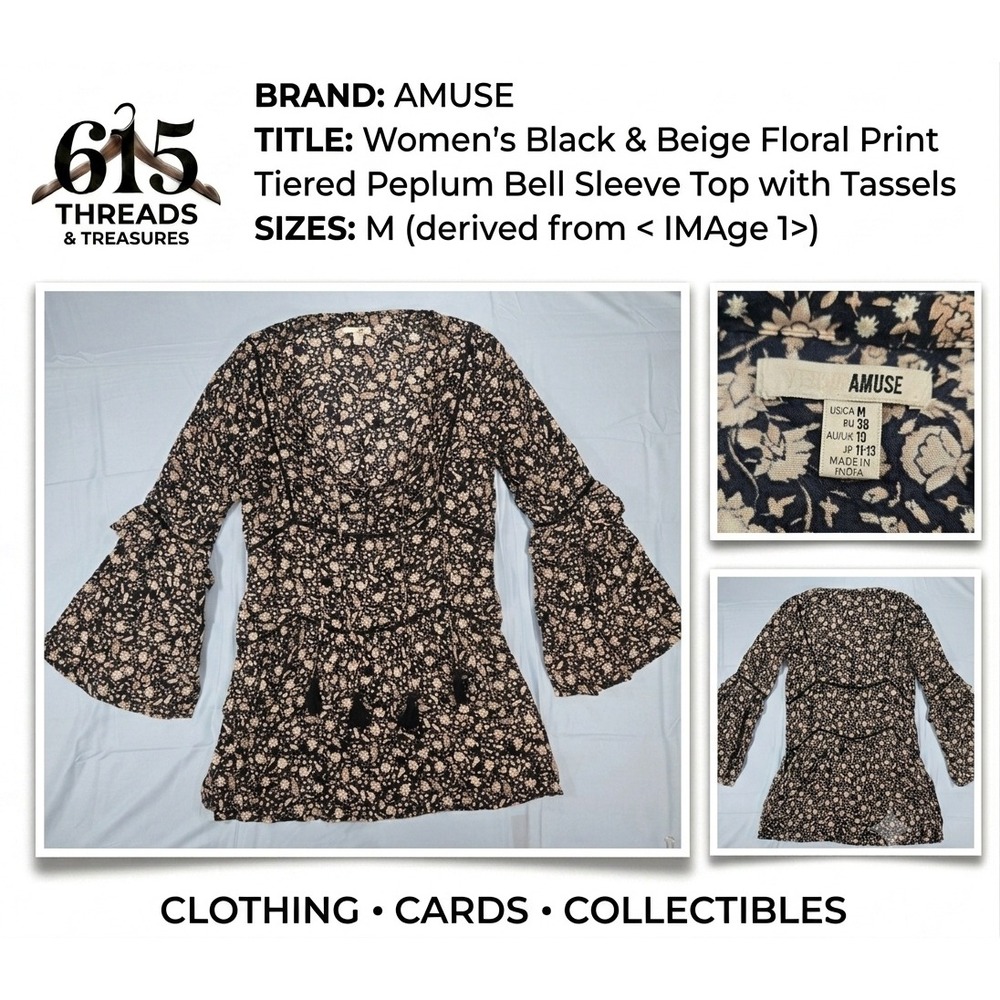 Amuse Society Womens Black Beige Floral Peplum Bell Sleeve Tassel Top M AD08JLAP